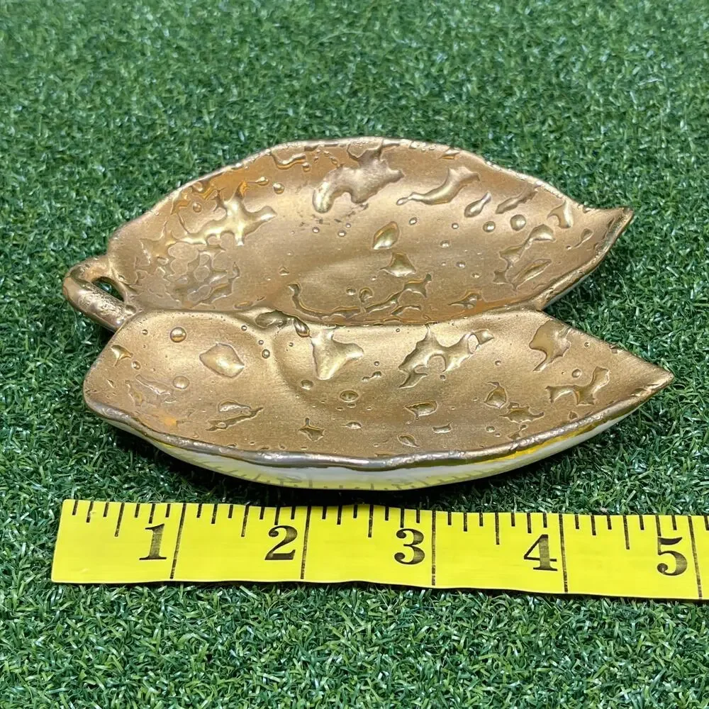 Vintage Mid Century Double Leaf Shaped 22K Weeping Bright Gold Trinket Dish USA